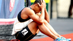 EUGENE, OR - JUNE 23: Bryan Clay reacts after getting disqualified in the men's decathlon 110 meter hurdles during Day Two of the 2012 U.S. Olympic Track & Field Team Trials at Hayward Field on June 23, 2012 in Eugene, Oregon. (Photo by Andy Lyons/Getty Images)